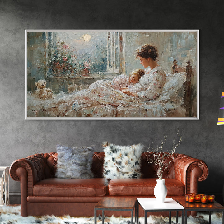 Mother And Child In Moonlit Bedroom Wall Art, Romantic Impressionist Canvas Print, Cozy Nursery Decor, Gift For Mom, Home Decor