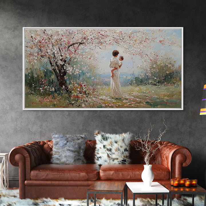 Mother And Baby Under Cherry Blossoms Wall Art, Spring Impressionist Landscape Canvas Print, Pink Floral Decor, Gift For Mom