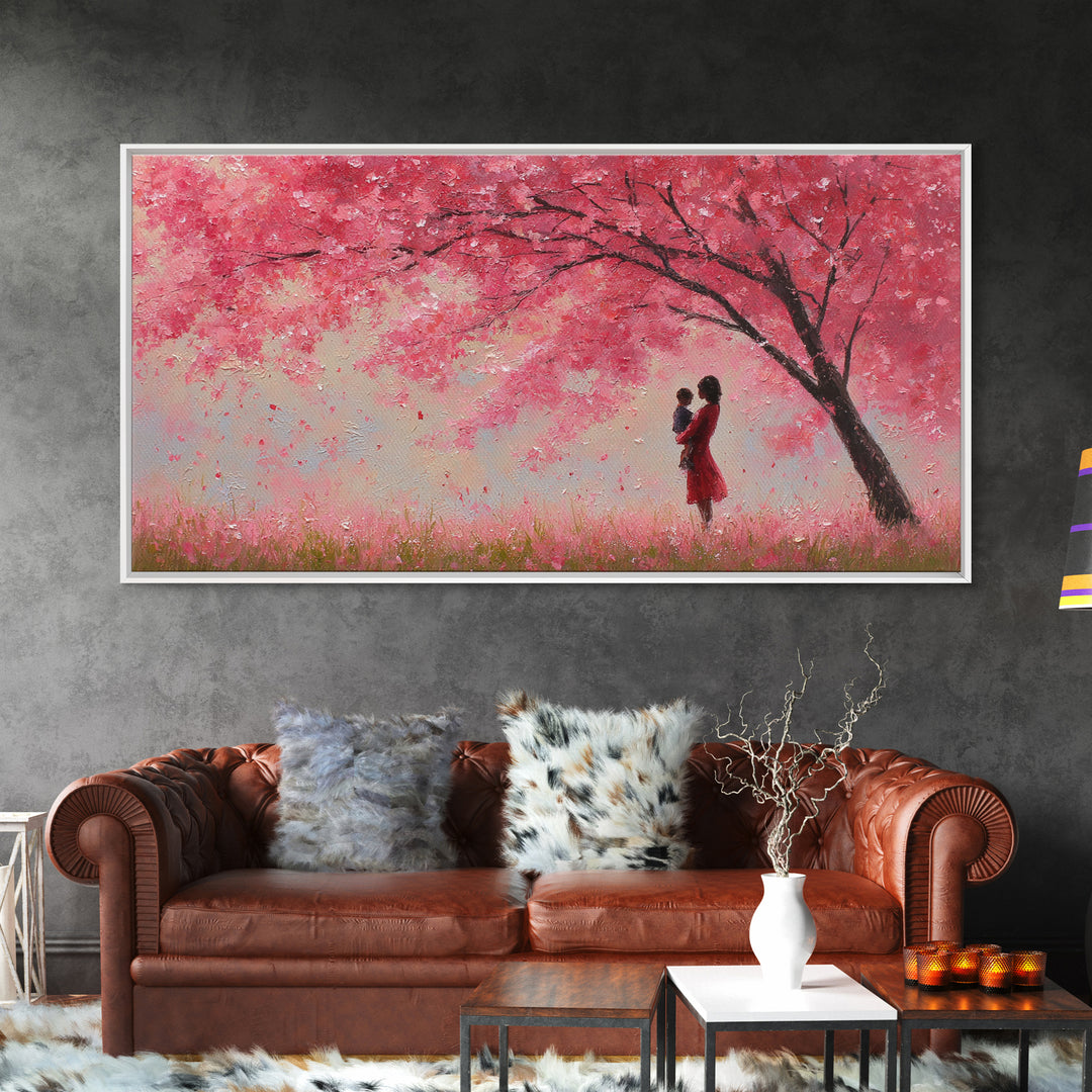 Mother And Baby Beneath Pink Cherry Tree Wall Art, Romantic Spring Landscape Canvas Print, Feminine Decor, Gift For Her, Home Decor