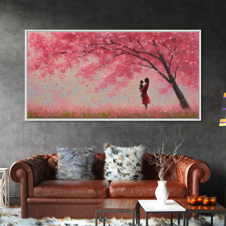 Mother And Baby Beneath Pink Cherry Tree Wall Art, Romantic Spring Landscape Canvas Print, Feminine Decor, Gift For Her, Home Decor