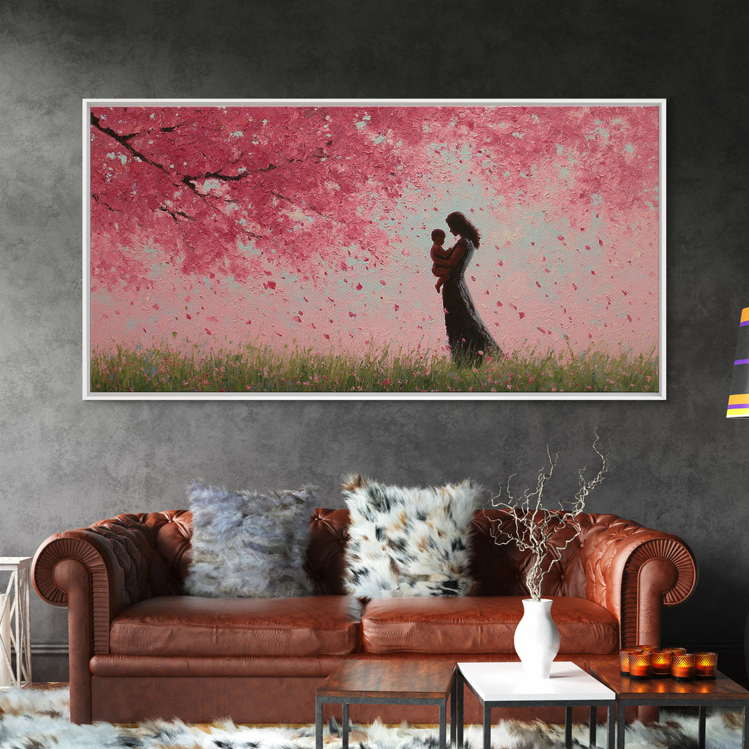 Mother And Child In Pink Blossom Rain Wall Art, Romantic Cherry Blossom Canvas Print, Feminine Bedroom Decor, Gift For Mom