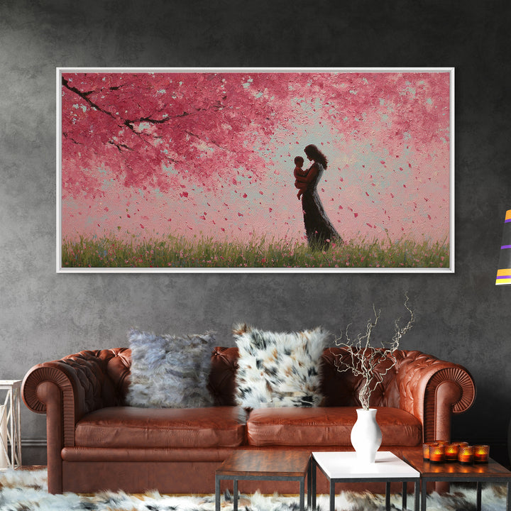 Mother And Child In Pink Blossom Rain Wall Art, Romantic Cherry Blossom Canvas Print, Feminine Bedroom Decor, Gift For Mom