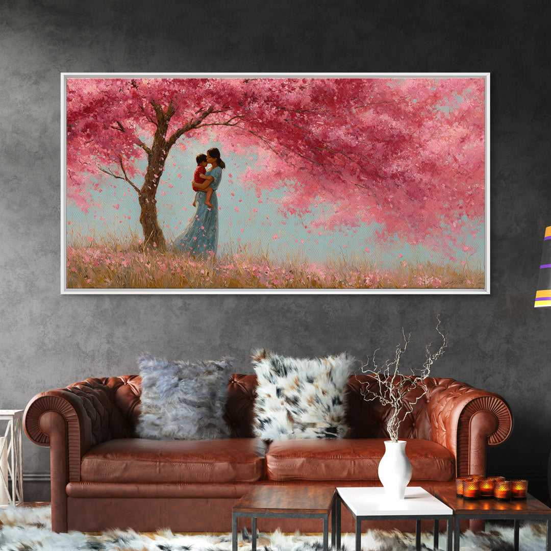 Black Mother And Baby Under Pink Blossoms Wall Art, Angelic Nursery Decor, Feminine Bedroom Print, Gift For Mom, Living Room Decor