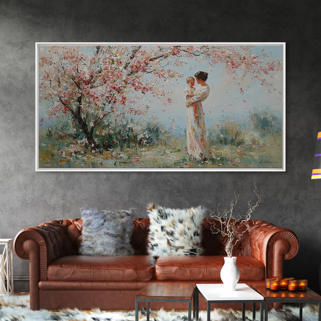 Impressionist Mother Holding Baby Framed Canvas Print, Cherry Blossom Nursery Wall Art, Spring Home Decor, Gift For Her, Mom