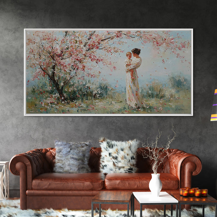 Impressionist Mother Holding Baby Framed Canvas Print, Cherry Blossom Nursery Wall Art, Spring Home Decor, Gift For Her, Mom