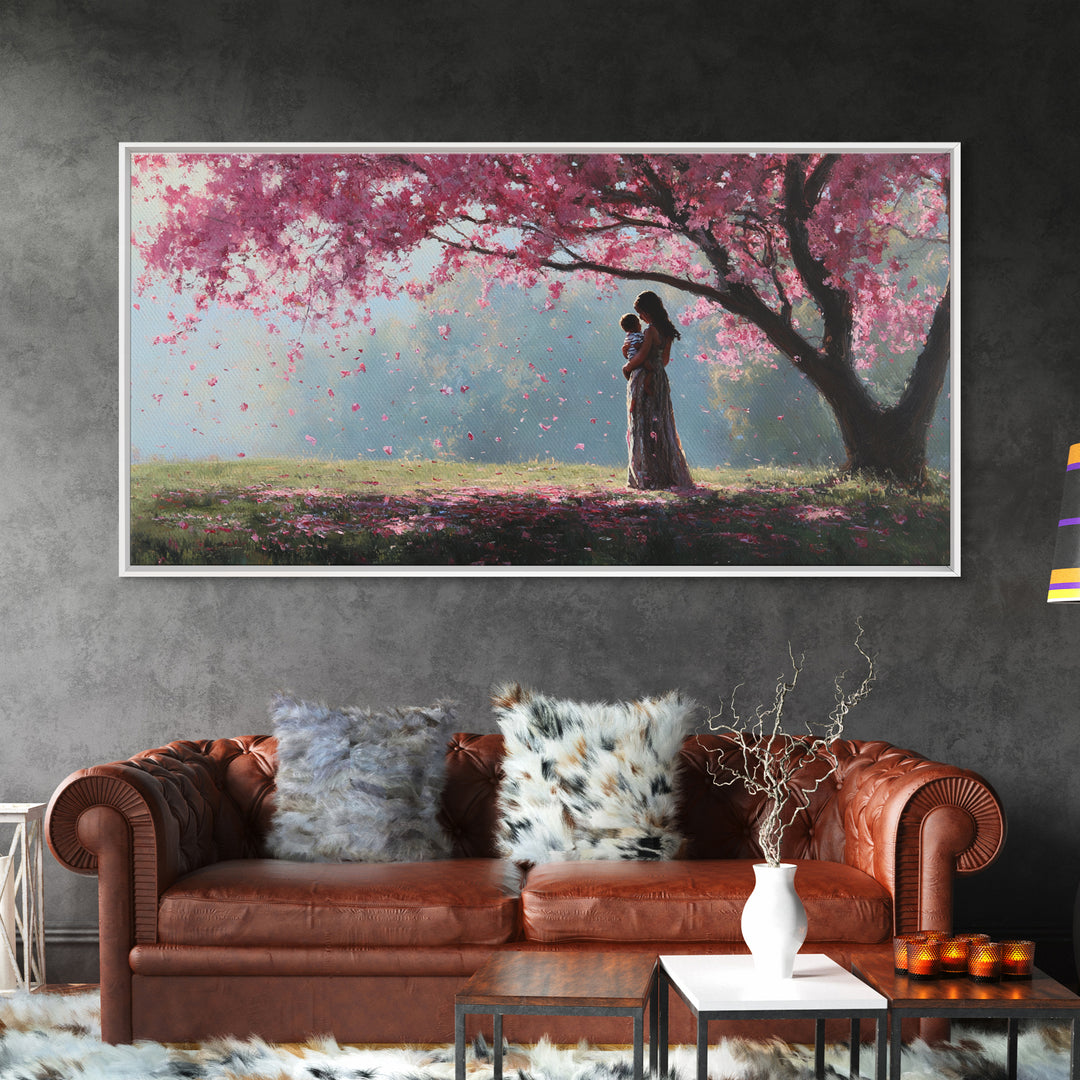 Mother And Child Beneath Pink Cherry Tree Canvas Print, Angelic Wall Art, Nursery Decor, Romantic Bedroom Art, Gift For Mom
