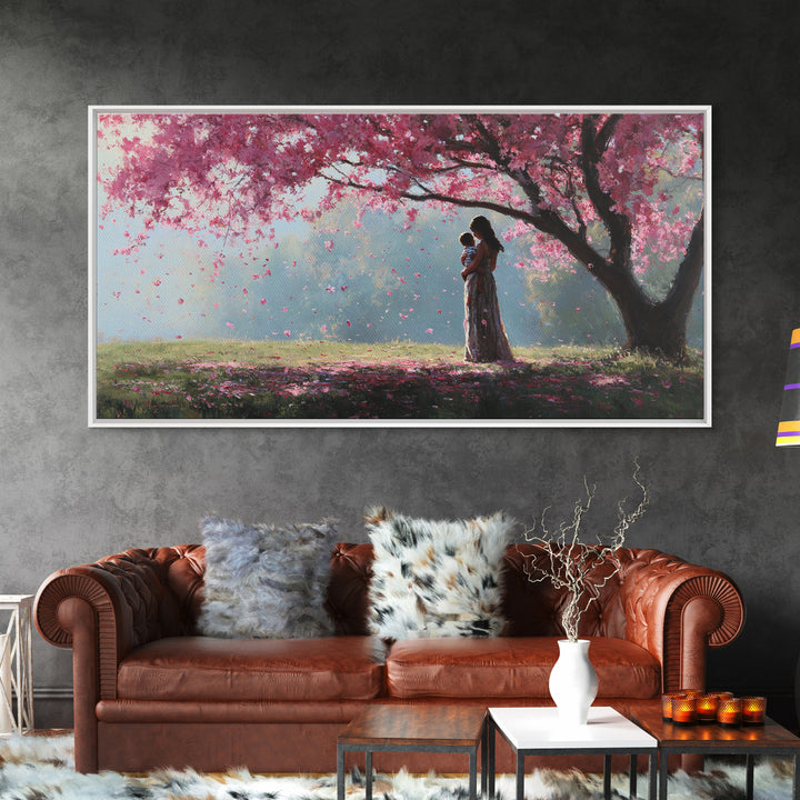Mother And Child Beneath Pink Cherry Tree Canvas Print, Angelic Wall Art, Nursery Decor, Romantic Bedroom Art, Gift For Mom
