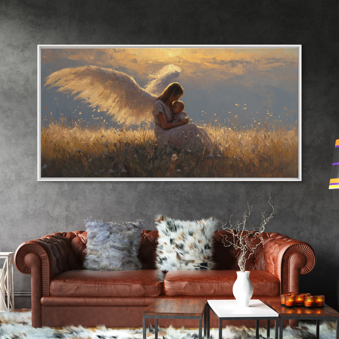 Golden Angel Mother Cuddling Baby Wall Art, Spiritual Canvas Print, Christian Nursery Decor, Calming Bedroom Art, Gift For Mom