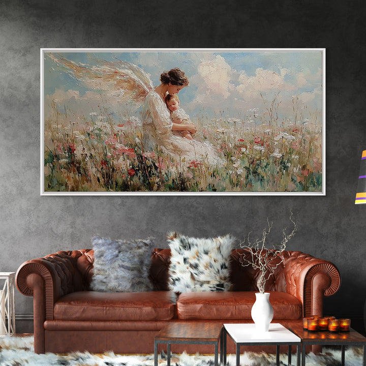 Angel Mother Nursing Baby In Wildflower Meadow Framed Canvas Print, Christian Wall Art, Nursery Decor, Gift For New Mom, Baby Shower Gift