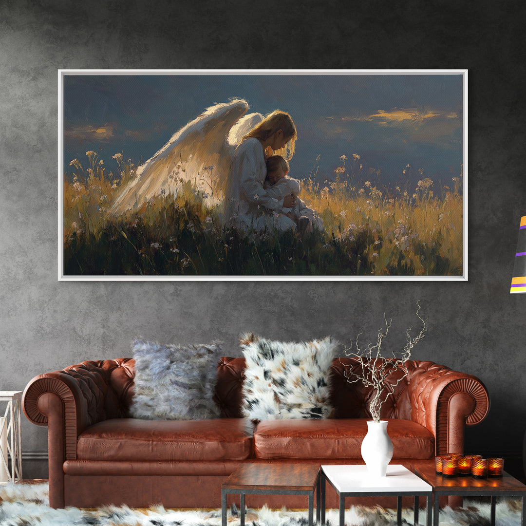 Moody Guardian Angel Holding Child Wall Art, Spiritual Framed Canvas Print, Christian Bedroom Decor, Sympathy Gift For Mom