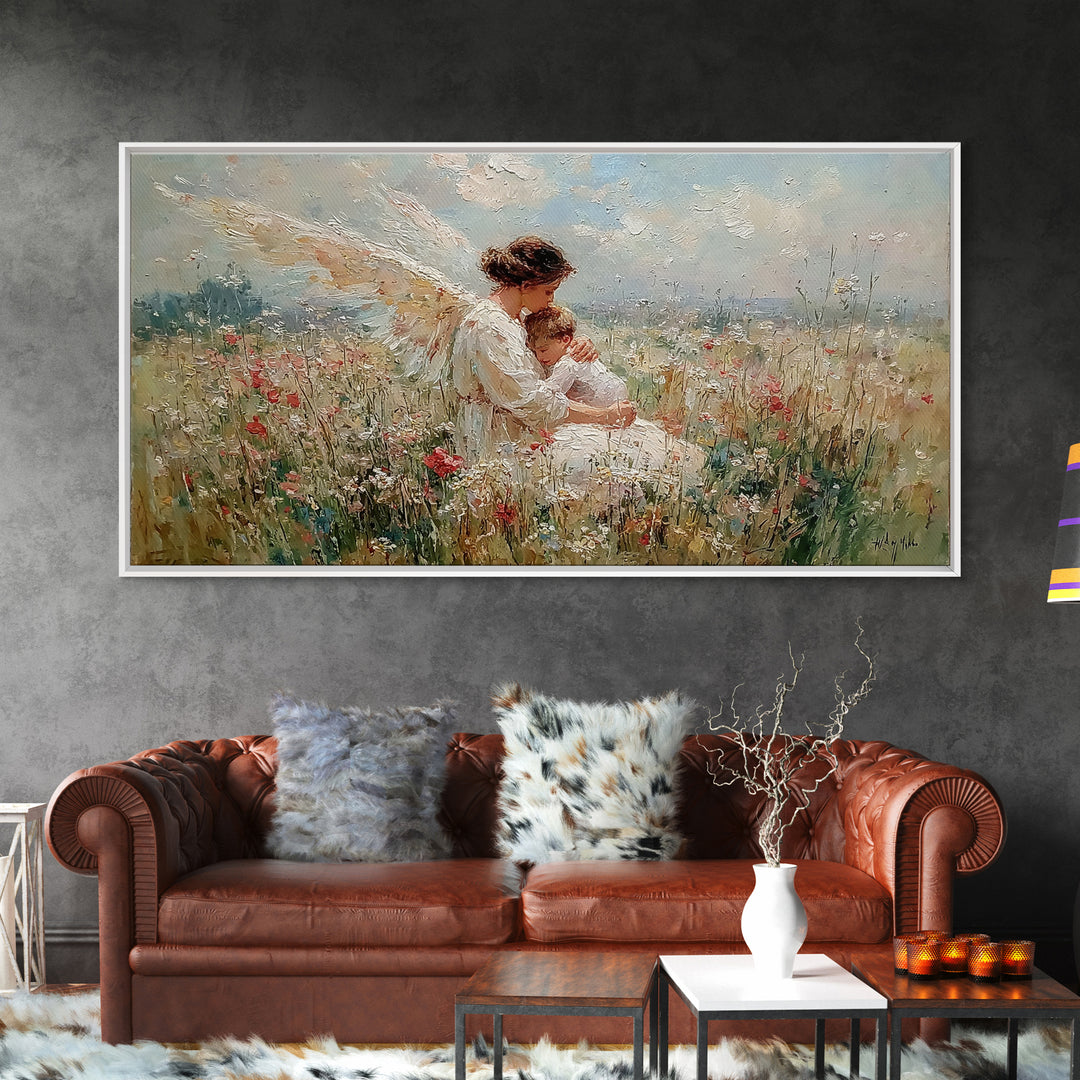 Angel Mother And Sleeping Baby In Meadow Canvas Print, Christian Wall Art, Wildflower Nursery Decor, Baby Shower Gift For New Mom