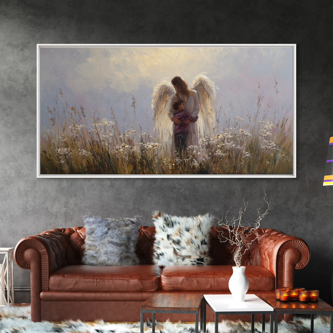 Guardian Angel Embracing Young Boy Wall Art, Christian Framed Canvas Print, Spiritual Nursery Decor, Sympathy Gift For Him