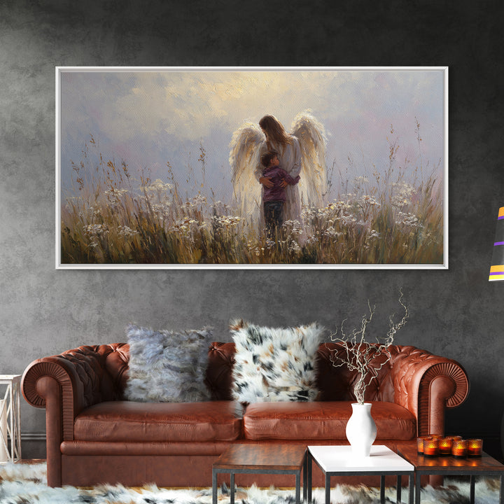 Guardian Angel Embracing Young Boy Wall Art, Christian Framed Canvas Print, Spiritual Nursery Decor, Sympathy Gift For Him