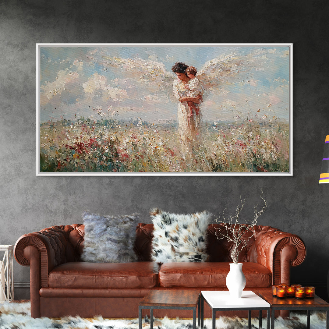 Angel Mother Holding Baby In Flower Meadow Canvas Print, Christian Wall Art, Heavenly Nursery Decor, Baby Shower Gift For New Mom