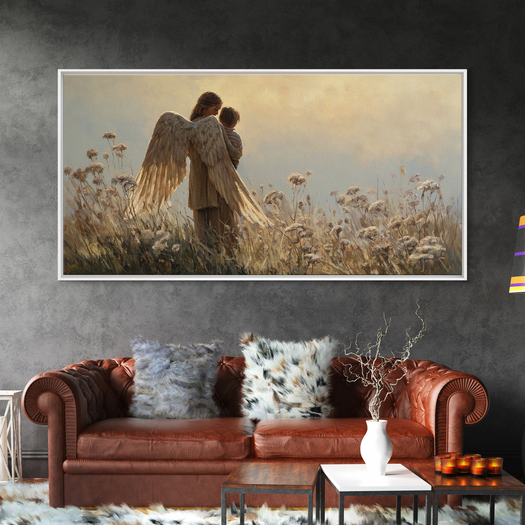 Guardian Angel And Child In Golden Meadow Framed Canvas Print, Christian Wall Art, Nursery Decor, Housewarming Gift, Above Bed Art