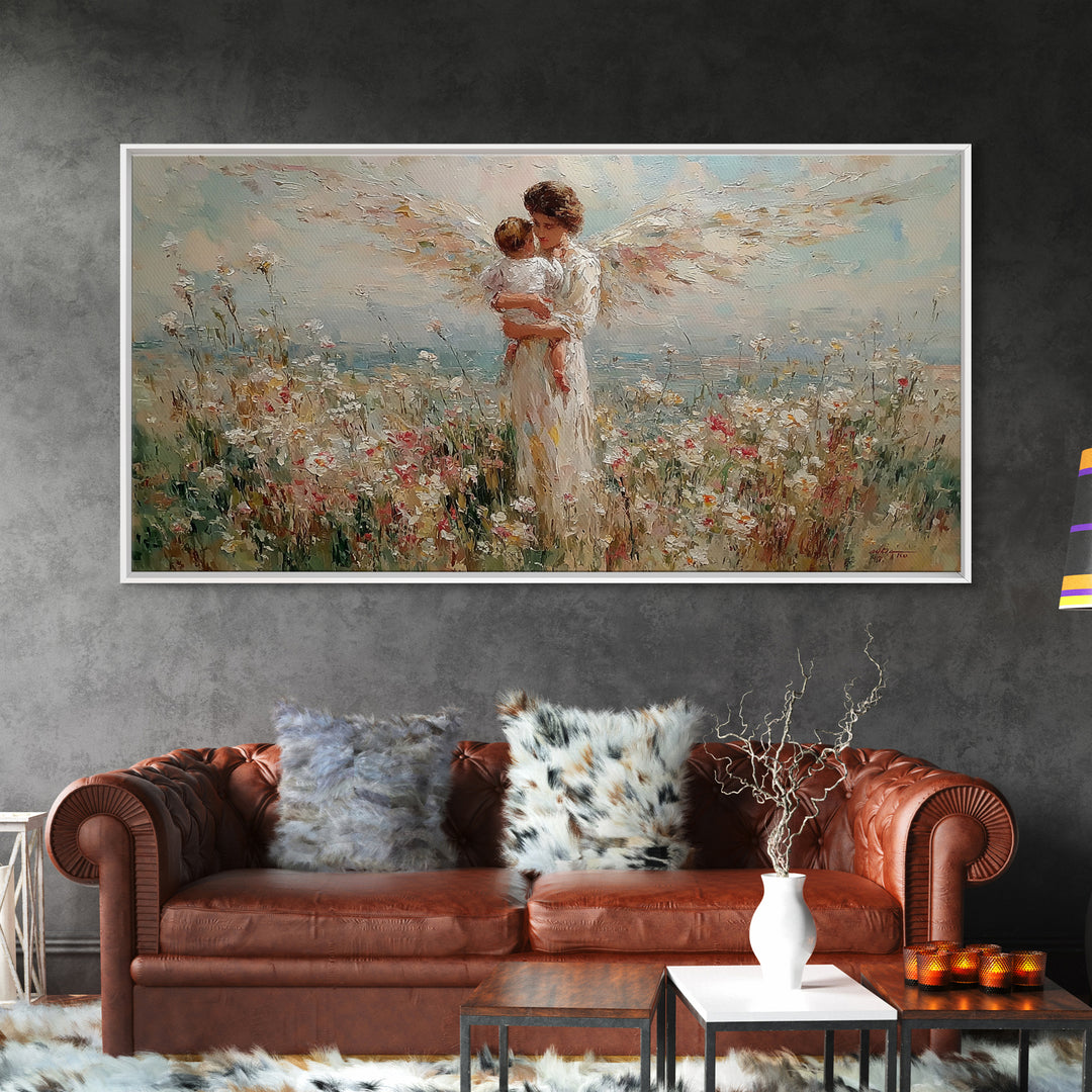 Angel Mother Holding Baby In Wildflower Meadow Canvas Print, Christian Wall Art, Floral Wall Art, Nursery Decor, Gift For Her