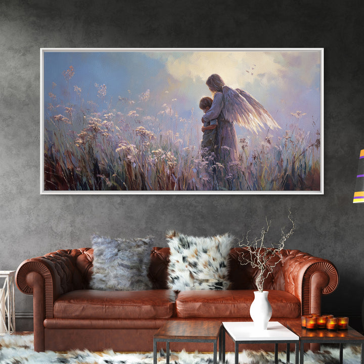 Luminous Guardian Angel With Child In Blue Meadow Canvas Print, Christian Wall Art, Nursery Wall Art, Calming Bedroom Decor