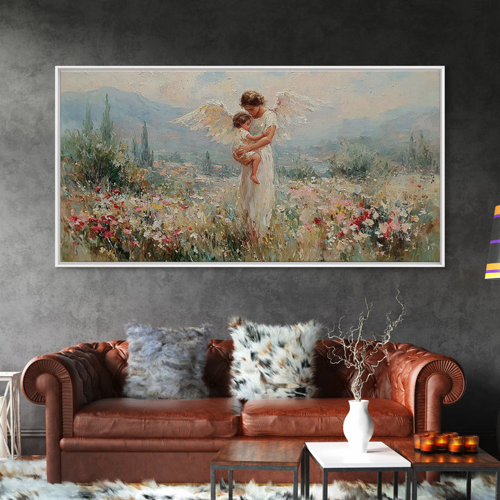 Angel And Baby In Mountain Wildflower Valley Framed Canvas Print, Christian Wall Art, Floral Wall Art, Living Room Decor