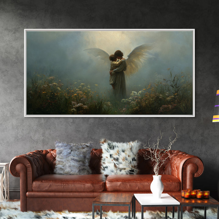 Moody Guardian Angel Embracing Child In Misty Garden Wall Art, Christian Wall Decor, Dark Academia, Housewarming Gift, Bedroom Wall Decor