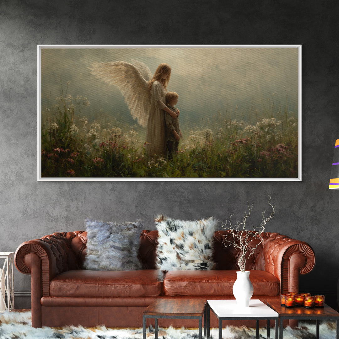 Soft Winged Angel And Child In Misty Meadow Canvas Print, Christian Wall Art, Neutral Wall Art, Nursery Decor, Gift For Mom