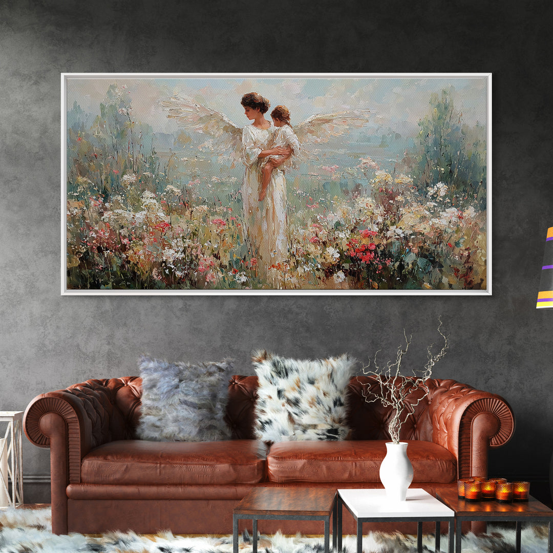 Angel Mother Holding Baby In Blooming Garden Framed Canvas Print, Christian Wall Art, Floral Wall Art, Nursery Decor, Gift For Her