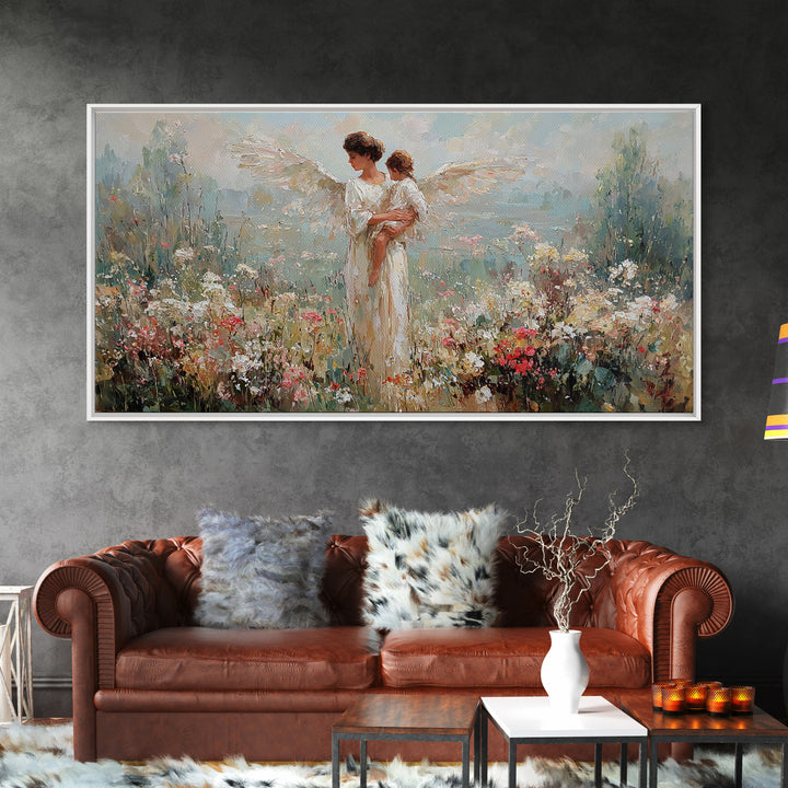 Angel Mother Holding Baby In Blooming Garden Framed Canvas Print, Christian Wall Art, Floral Wall Art, Nursery Decor, Gift For Her
