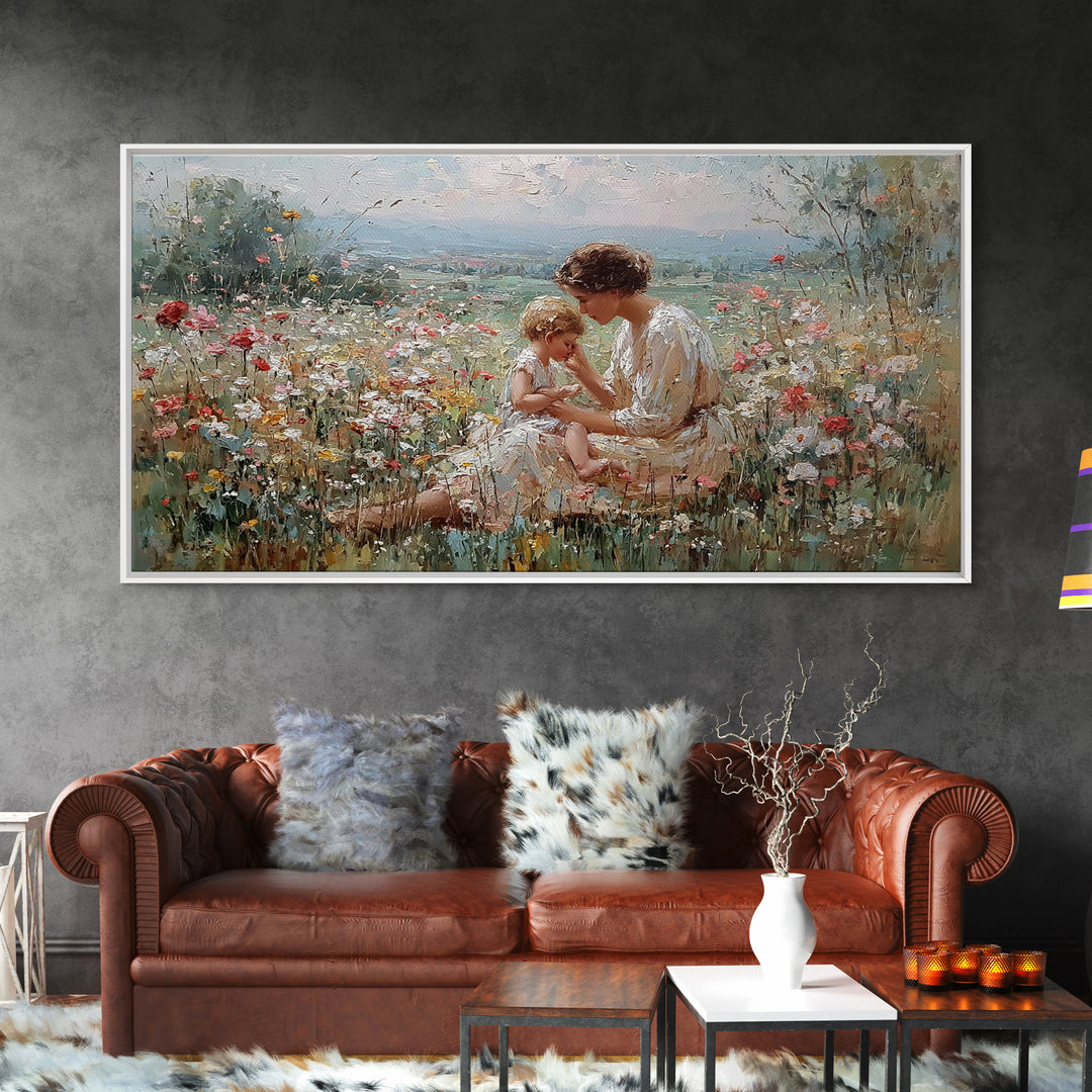 Mother And Baby In Flower Meadow Impressionist Canvas Print, Floral Wall Art, Christian Wall Art, Living Room Decor, Gift For Mom