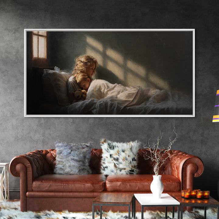 Children Sleeping With Teddy In Sunlit Bedroom Wall Art, Cozy Bedroom Decor, Dark Academia, Nursery Art, Housewarming Gift