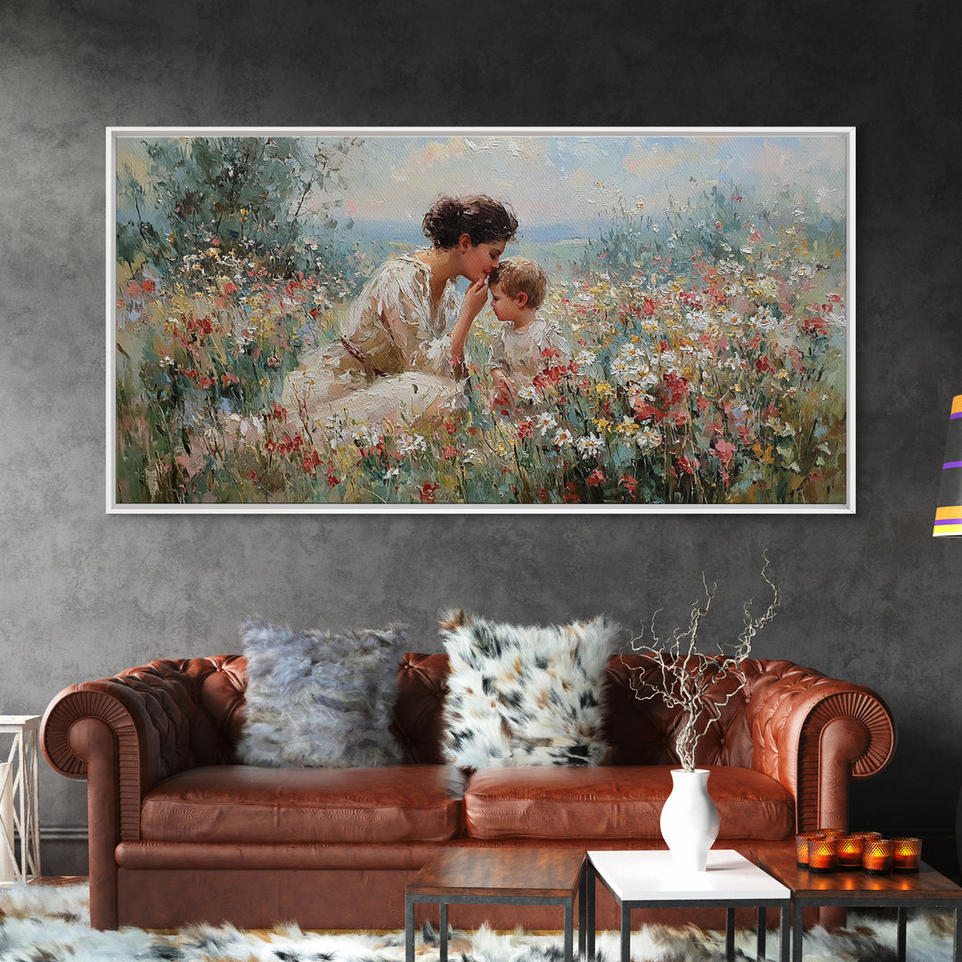 Mother And Child In Wildflower Garden Framed Canvas Print, Floral Wall Art, Christian Wall Art, Living Room Decor, Gift For Her