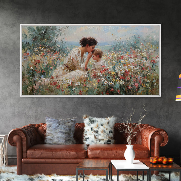 Mother And Child In Wildflower Garden Framed Canvas Print, Floral Wall Art, Christian Wall Art, Living Room Decor, Gift For Her