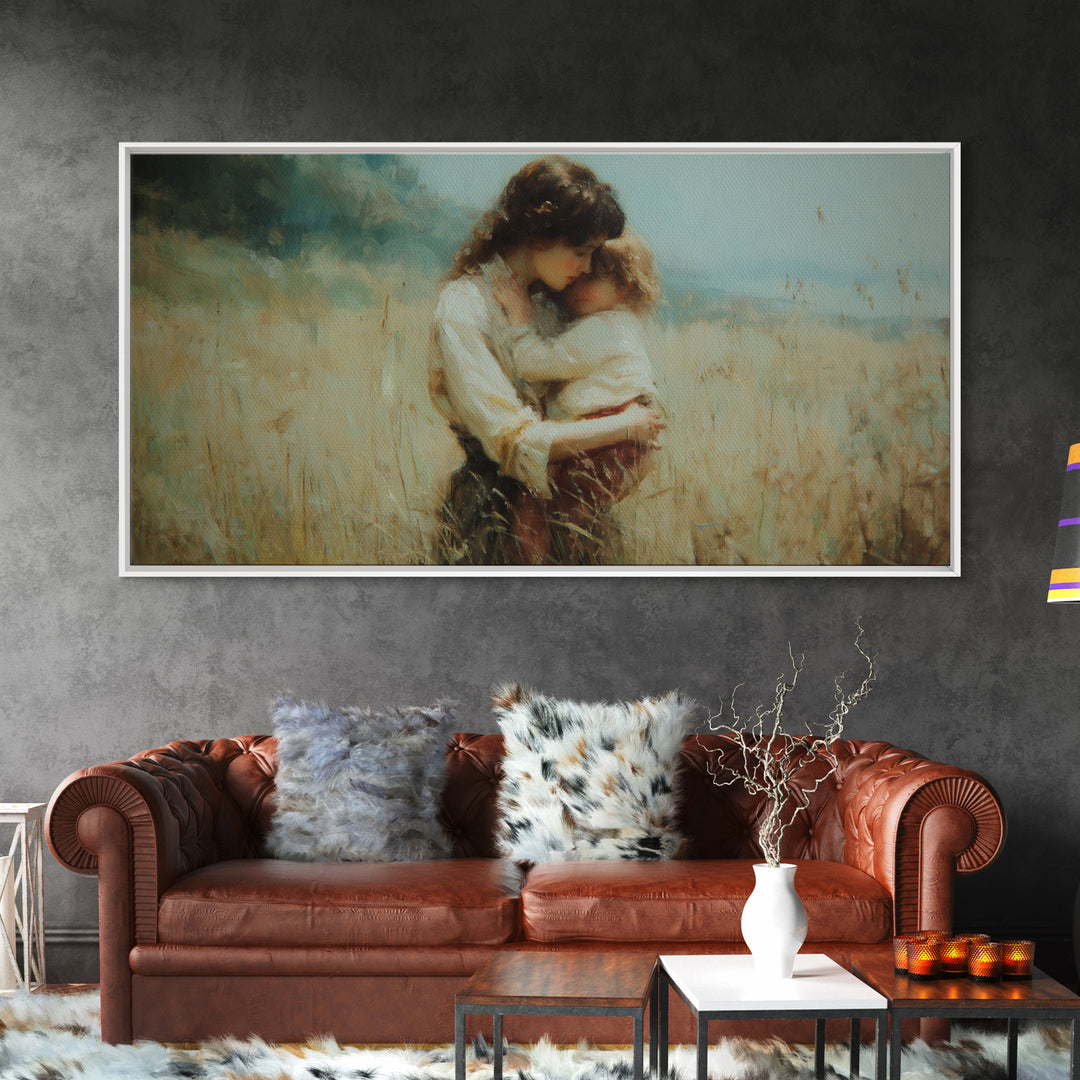 Tender Mother And Child Embrace In Golden Meadow Wall Art, Moody Impressionist Oil Painting, Neutral Bedroom Decor, Gift For Mom