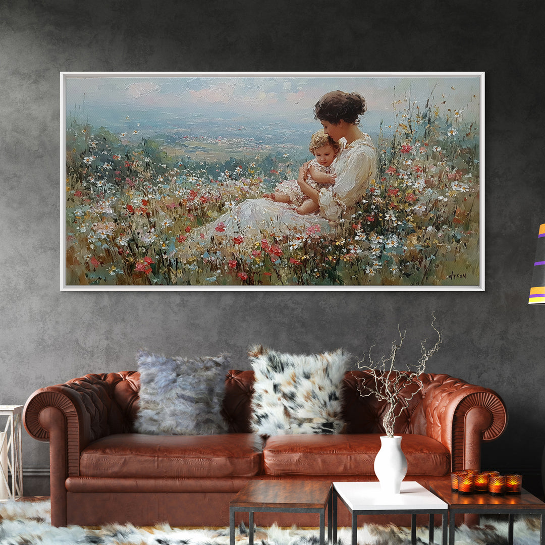 Mother Holding Baby In Wildflower Meadow Canvas Print, Impressionist Floral Landscape, Nursery Wall Art, Housewarming Gift