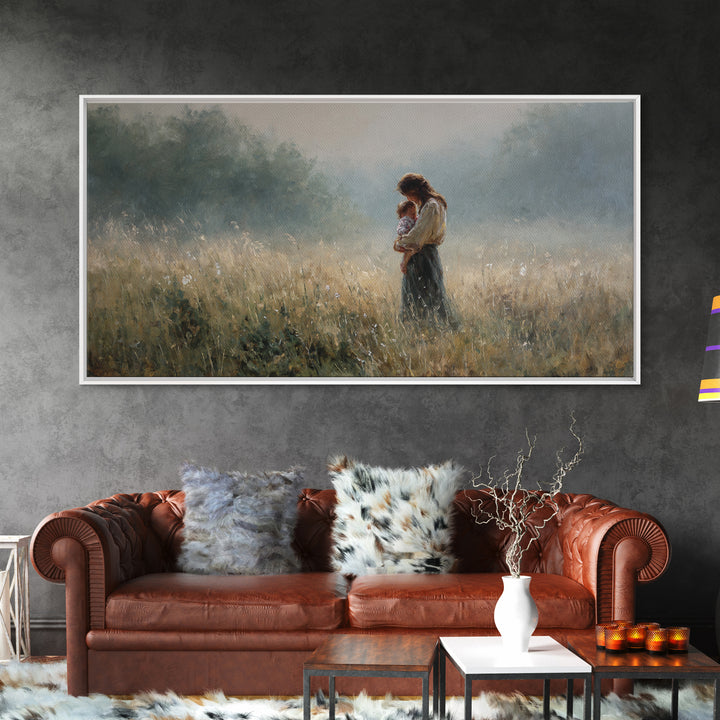 Mother And Child Standing In Misty Meadow Framed Canvas Print, Serene Landscape Painting, Neutral Wall Art, Calming Decor