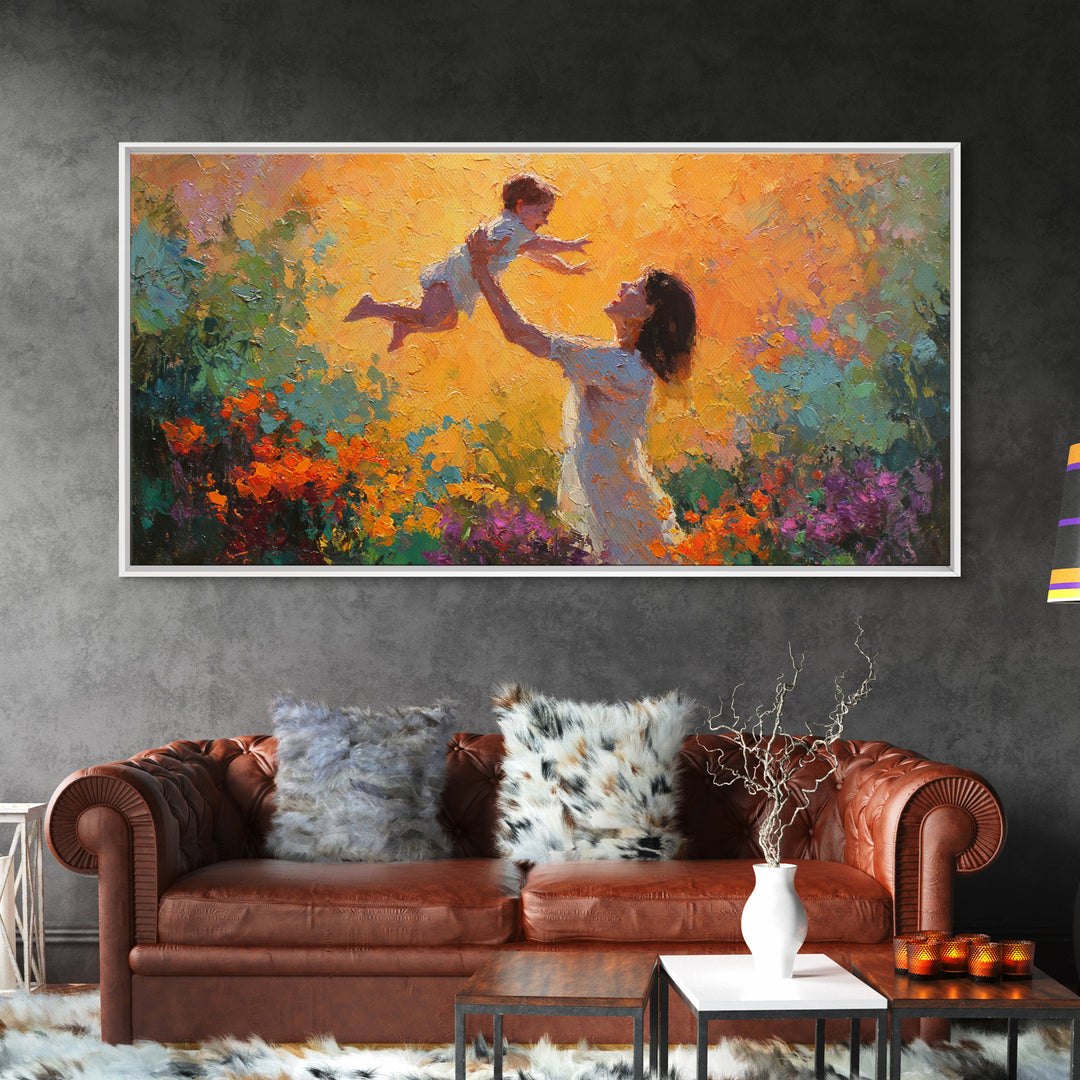 Mother Lifting Child In Glowing Sunset Garden Canvas Print, Colorful Impressionist Painting, Joyful Family Wall Art, Gift For Mom