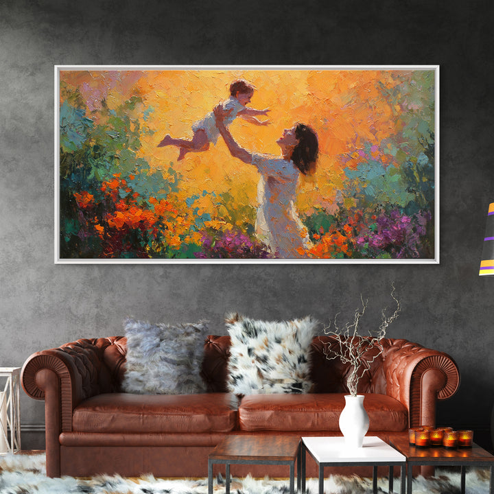 Mother Lifting Child In Glowing Sunset Garden Canvas Print, Colorful Impressionist Painting, Joyful Family Wall Art, Gift For Mom