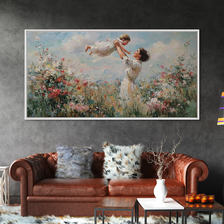 Mother Lifting Daughter Above Wildflower Garden Framed Canvas Print, Impressionist Floral Wall Art, Nursery Decor, Gift For Her