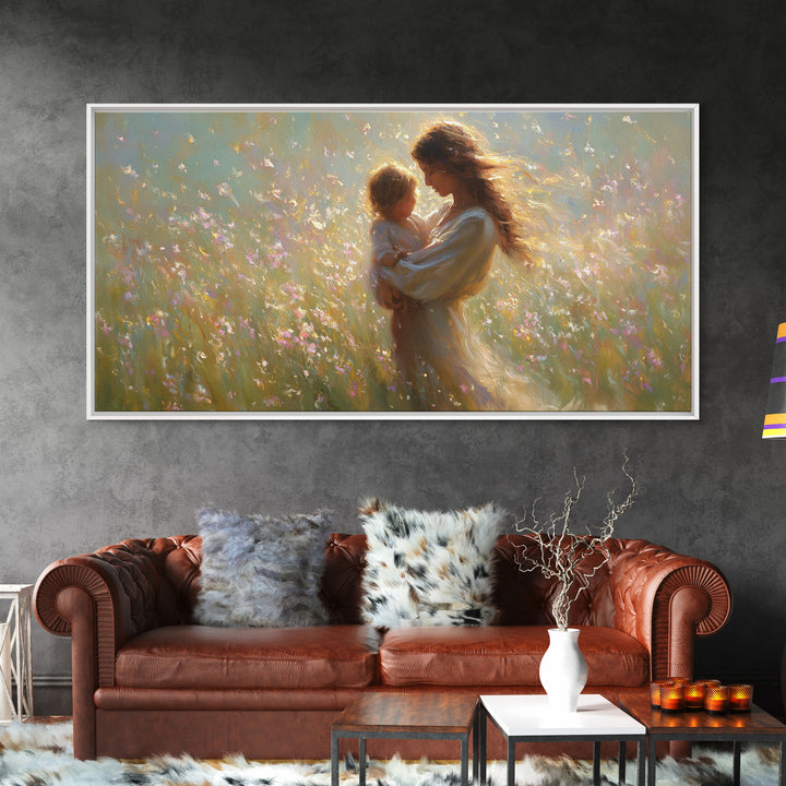 Sunlit Mother And Child In Wildflower Meadow Wall Art, Impressionist Meadow Canvas, Feminine Bedroom Decor, Gift For Mom