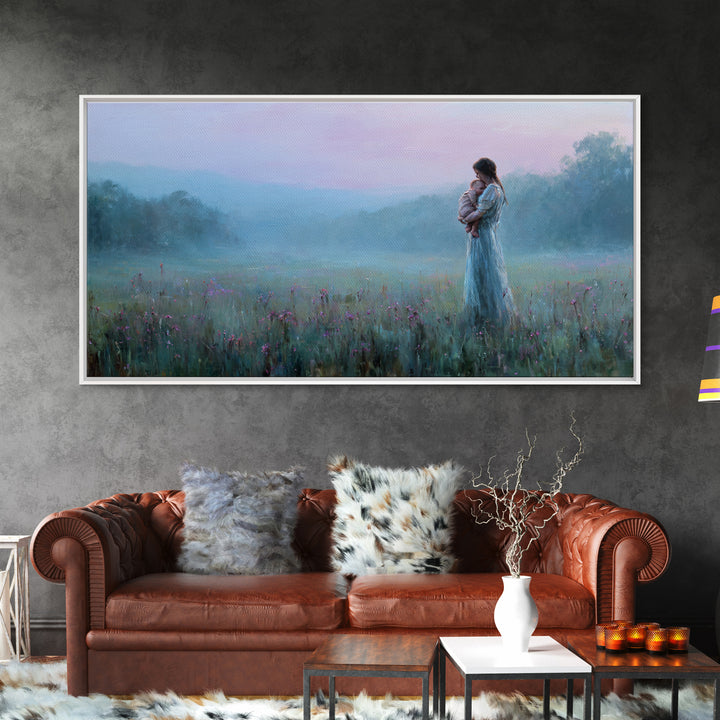 Misty Mother And Baby Meadow Wall Art, Moody Blue Landscape Canvas Print, Calming Bedroom Nursery Decor, Gift For Mom And Her