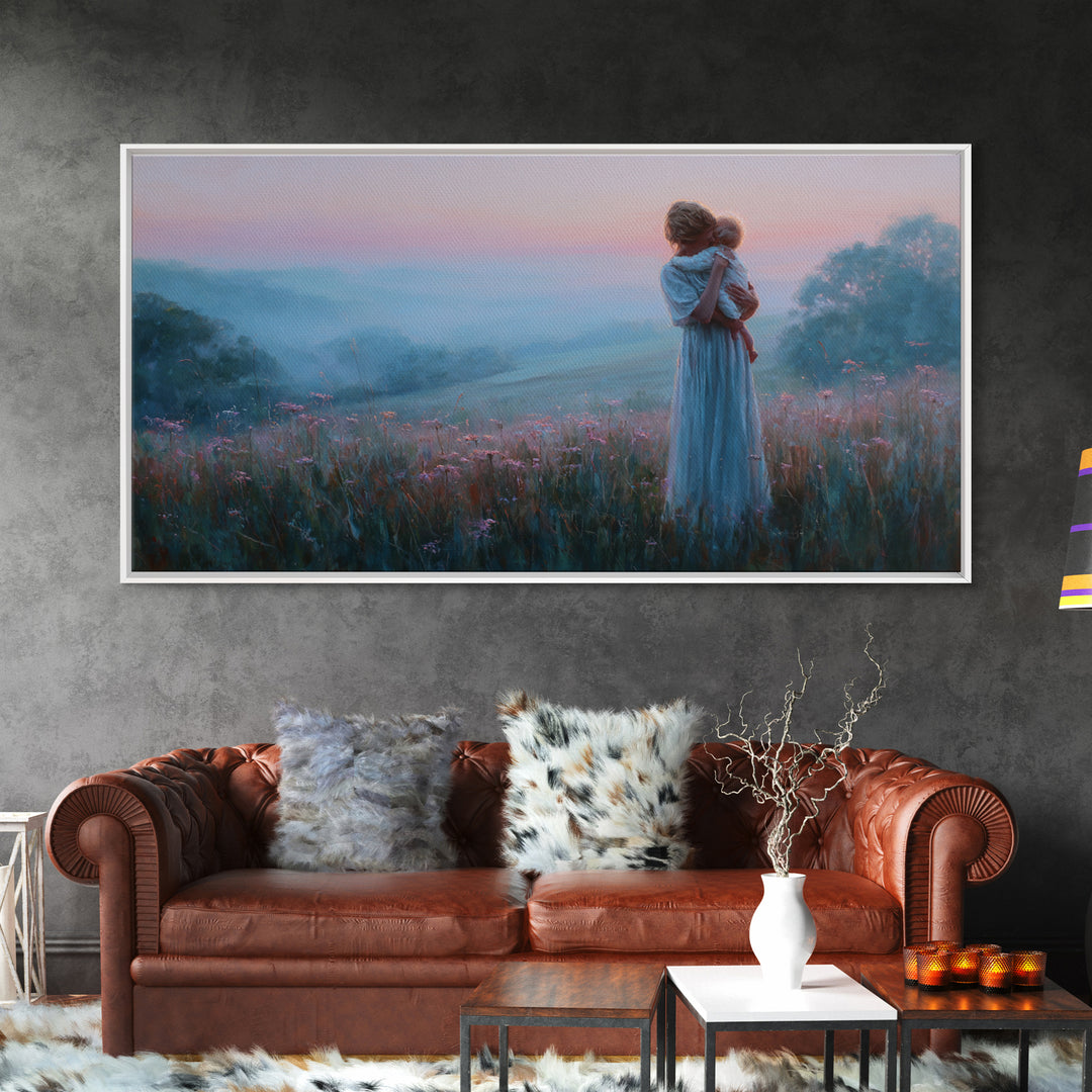 Mother Holding Baby At Pink Dusk Canvas Print, Misty Wildflower Meadow Wall Art, Nursery Decor, Gift For Mom, Serene Bedroom Decor