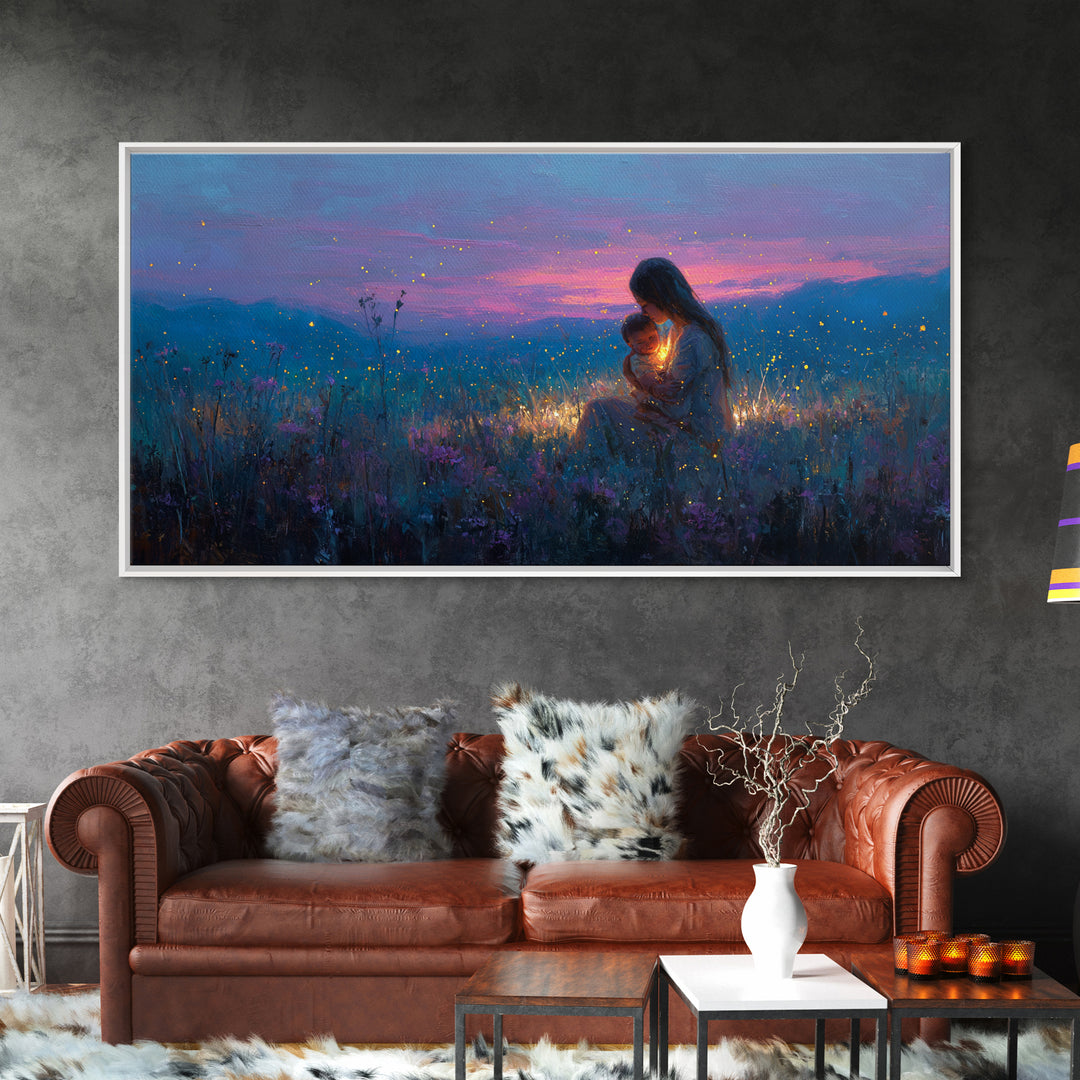 Moonlit Mother And Baby Firefly Wall Art, Celestial Wildflower Meadow Canvas Print, Magical Nursery Decor, Gift For Mom, Home Decor