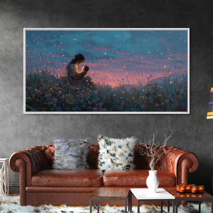 Starlit Mother Nursing Baby Meadow Wall Art, Firefly Night Landscape Canvas Print, Celestial Nursery Decor, Gift For Mom