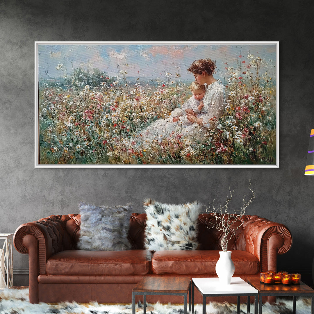Mother And Baby In Coastal Wildflower Meadow Wall Art, Impressionist Framed Canvas Print, Nursery Decor, Gift For Mom, Home Decor