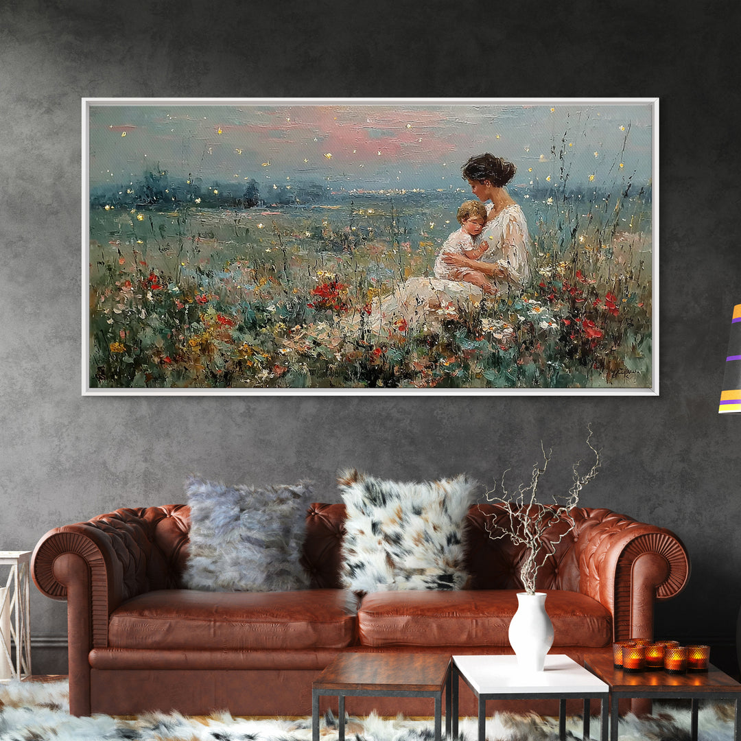 Golden Firefly Mother And Baby Meadow Canvas Print, Serene Lakeside Wall Art, Impressionist Nursery Decor, Gift For Mom, Home Decor
