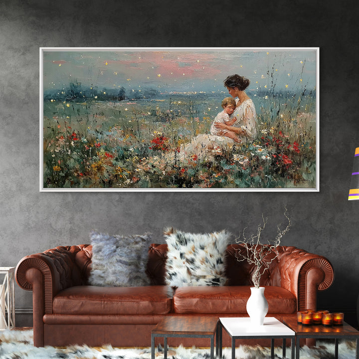 Golden Firefly Mother And Baby Meadow Canvas Print, Serene Lakeside Wall Art, Impressionist Nursery Decor, Gift For Mom, Home Decor