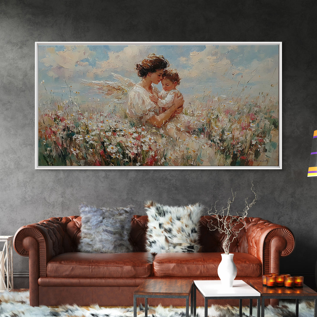 Mother Embracing Child In Daisy Meadow Framed Canvas Print, Impressionist Floral Wall Art, Nursery Decor, Gift For Mom, Home Decor