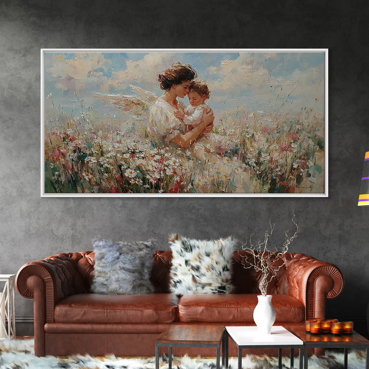 Mother Embracing Child In Daisy Meadow Framed Canvas Print, Impressionist Floral Wall Art, Nursery Decor, Gift For Mom, Home Decor