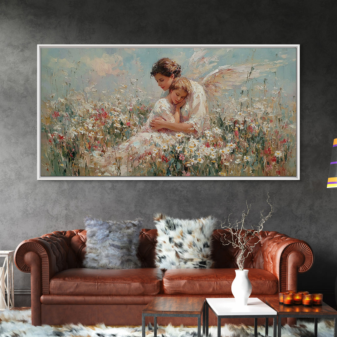 Guardian Angel And Child In Wildflower Meadow Framed Canvas Print, Christian Nursery Wall Art, Motherhood Gift Home Decor
