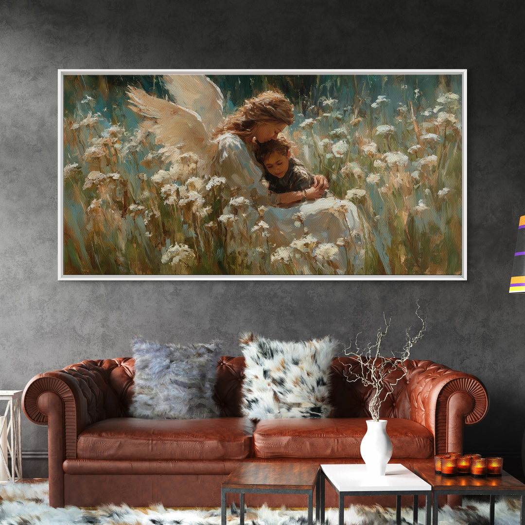 Protective Angel Embracing Child In White Flower Field Framed Canvas Print, Christian Wall Art, Nursery Decor Housewarming Gift