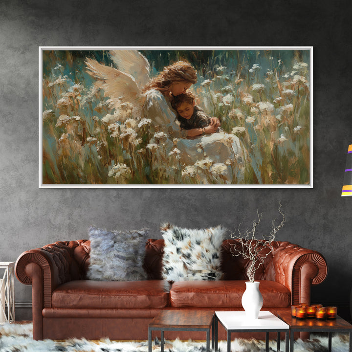 Protective Angel Embracing Child In White Flower Field Framed Canvas Print, Christian Wall Art, Nursery Decor Housewarming Gift
