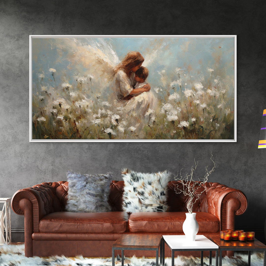 Tender Angel Holding Baby In White Wildflower Meadow Canvas Print, Christian Wall Art, Nursery Home Decor, Motherhood Gift
